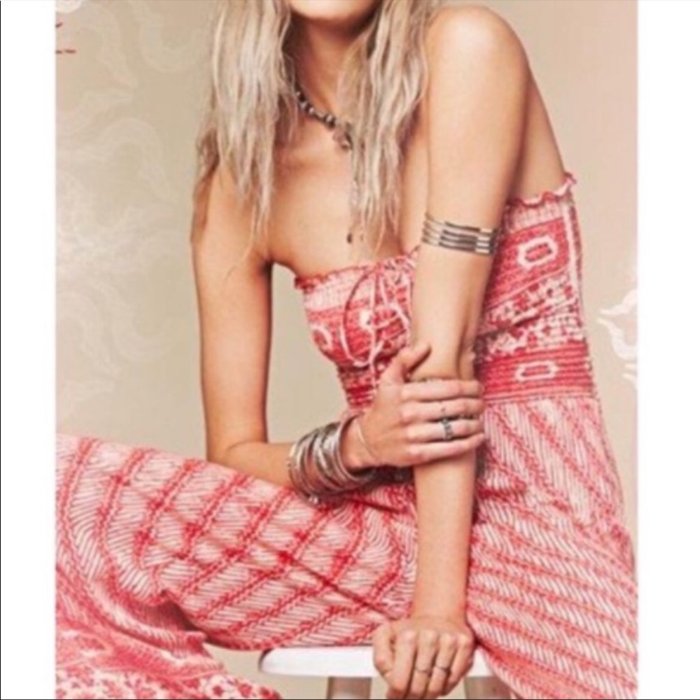 Free People Strapless Red Patterned Jumpsuit